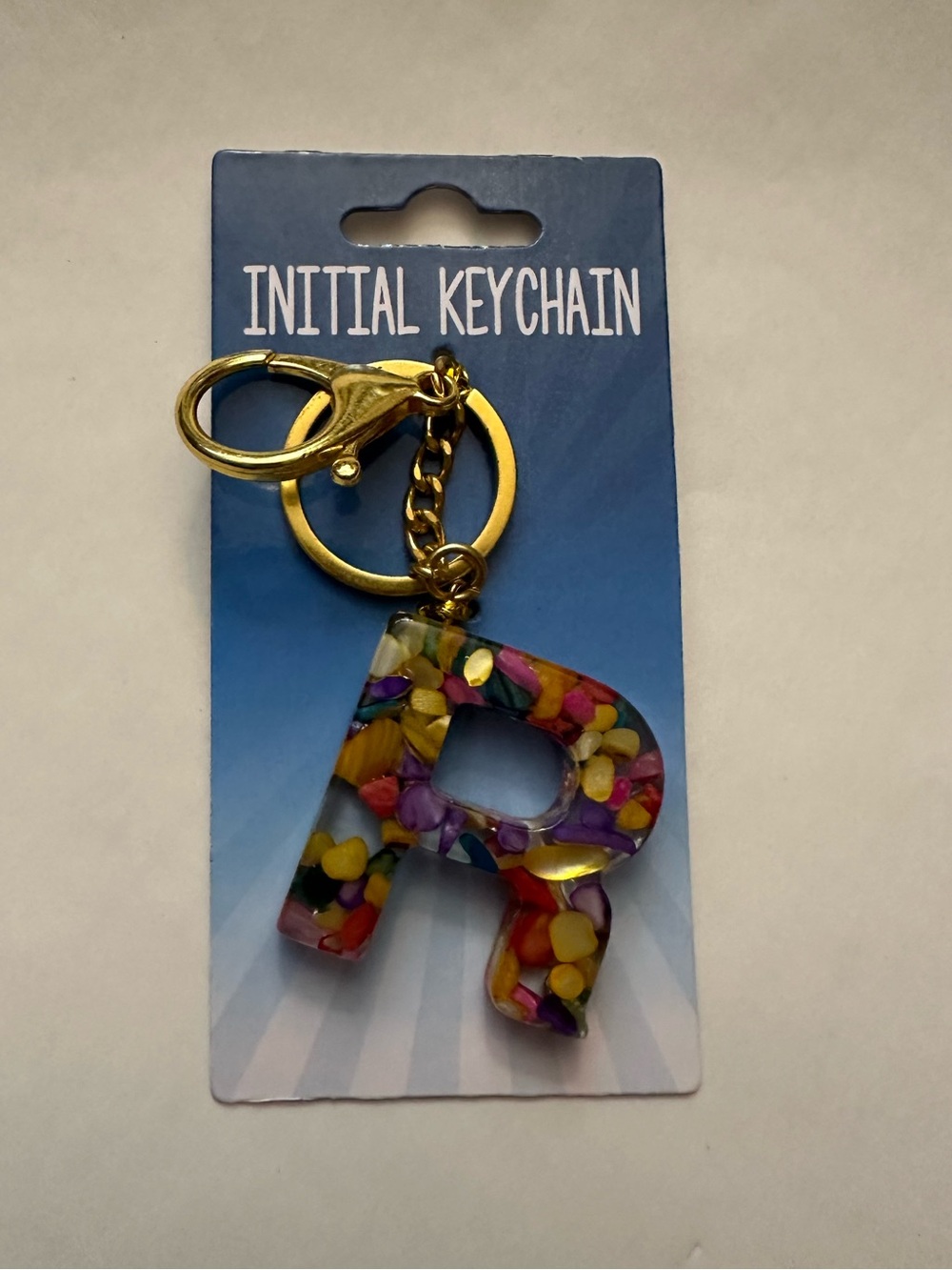 R Letter Initial Resin Keychain with Shells